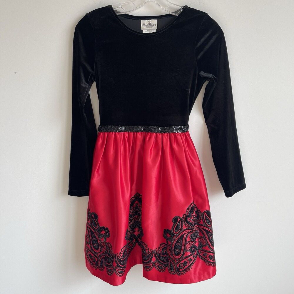 Rare Editions Girls Size 14 Red/Black Velvet Fancy Formal Church Holiday Dress